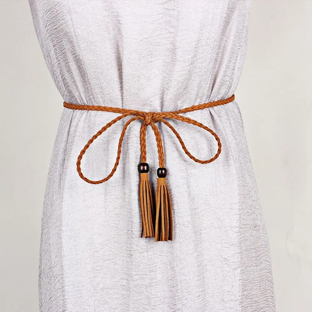 Wooden Bead Thin Belts Women Long Leather Braided Rope Braid Waist Belt Bohemia Girls Summer Waistband for Dress