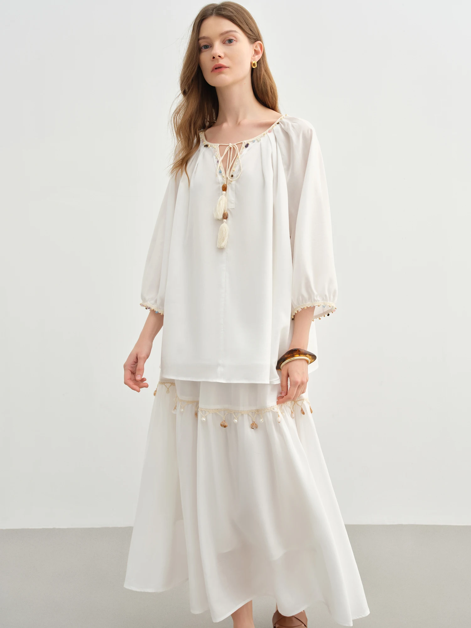 DUSHU Holiday Style Donna Onda Giocosa Gonna Conchiglia Gonna Lunga da Viaggio in Pizzo 2025 Nuovo Arrivo A-line Ombrello Gonna 25DS82748