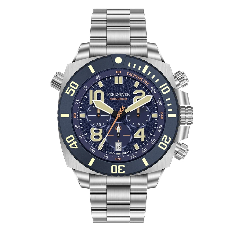 FeelNever Casual Sport Quarzuhr Luxus Edelstahl Saphirglas 500M Wasserdicht Automatikwerk Herrenuhr Reloj