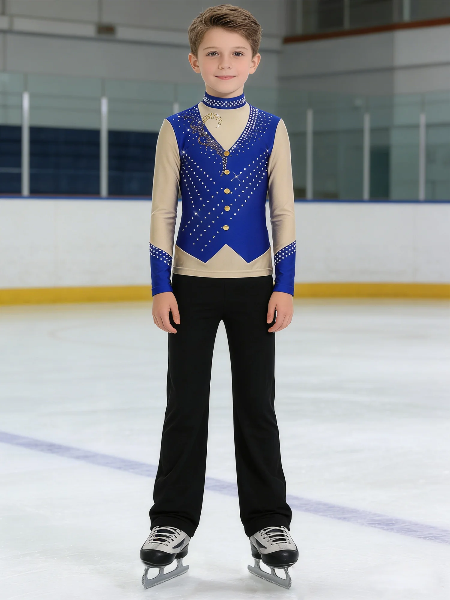 

Kids Boys 2Pcs Ice Figure Skating Performance Costume Jazz Tango Dancewear Outfit Sparkly Rhinestones Long Sleeve Top with Pants