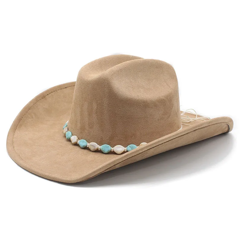 Ethnic Style Beaded Wide Brim Cowboy Hat Hot-Selling Vintage Suede Velvet Top Hat One-Word Top Big Brim Jazz Hat