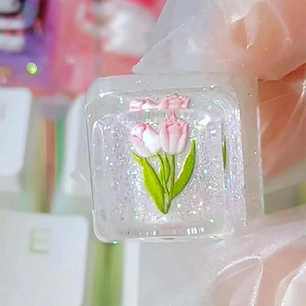 

Romantic Tulip Flower Resin Keycaps Mechanical Gaming Keyboard Transparent Backlit OEM ESC Key Cap R4 R3 R2 R1 Customize Gift