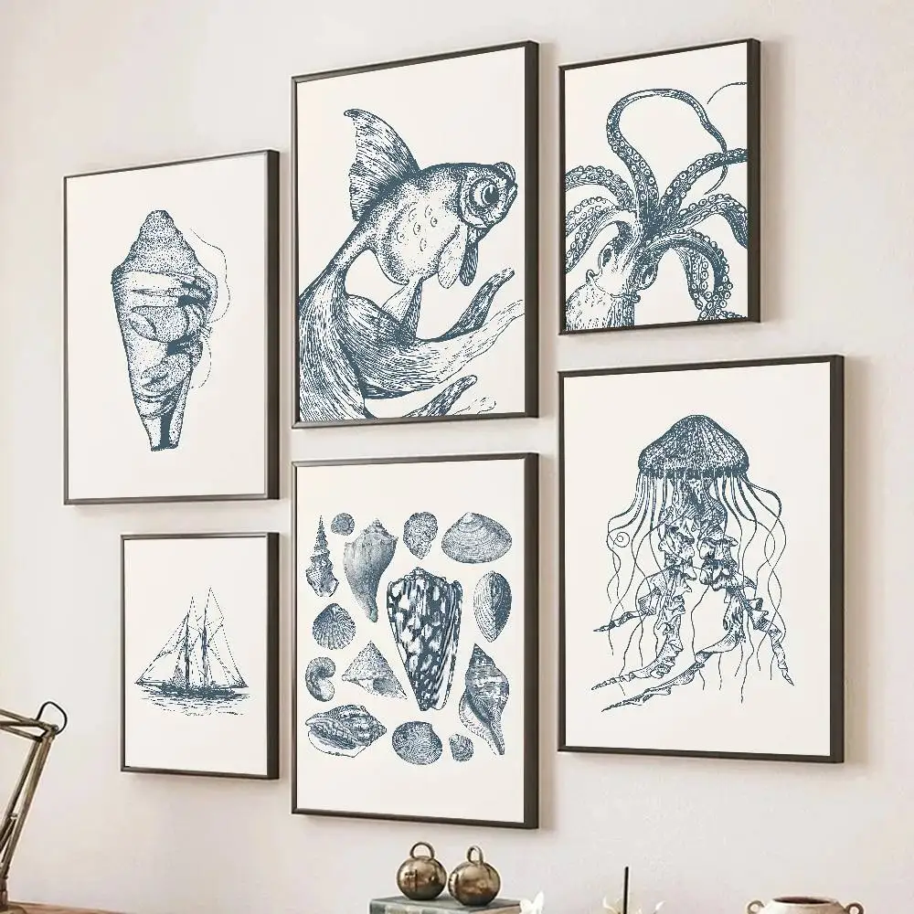 Vintage Blue Hermit Crab Octopus Sealife Poster Self-adhesive Art Room Entrance Restaurant Wall Decor Art Painting