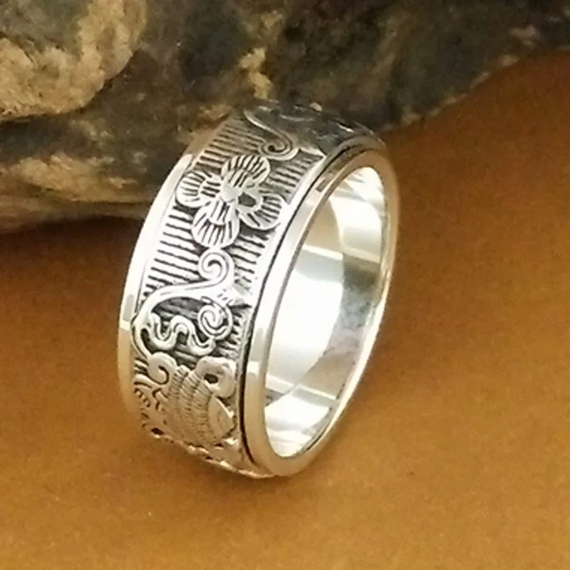 Bestlybuy New 100% Solid S925 Pure Silver Man Pisces Peach Rotating Good Luck Fashion Women'S Ring