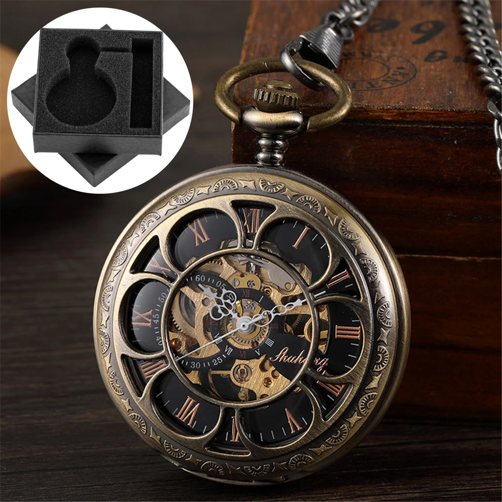 Vintage Luxury Mechanical Pocket Watch Men Xmas Gift Retro Hand-Winding Movement Roman Numerals Display Manual Pocket Timepiece