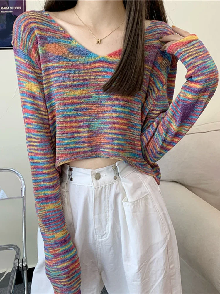 Rainbow Fashion Knitted Sweater Women Sexy Cropped Loose Pullovers Korean Chic Streetwear Long Sleeve Autumn Female Jumpers