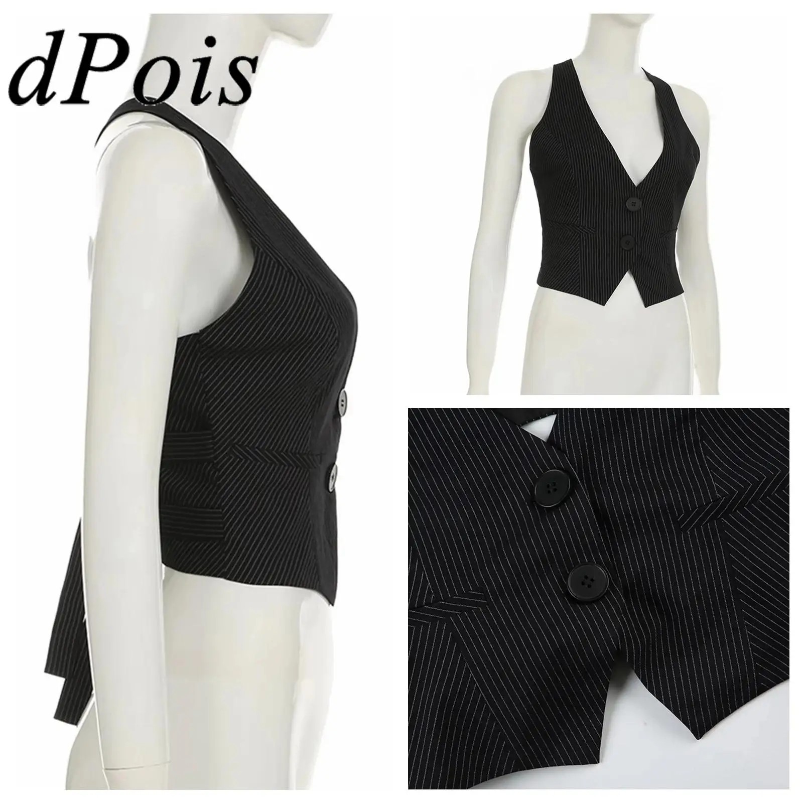 

Women V-neck Sleeveless Vests Commute Waistcoats Halter Neck Striped Backless Slim-fitting Crop Tops Office Lafy Workwear Vest