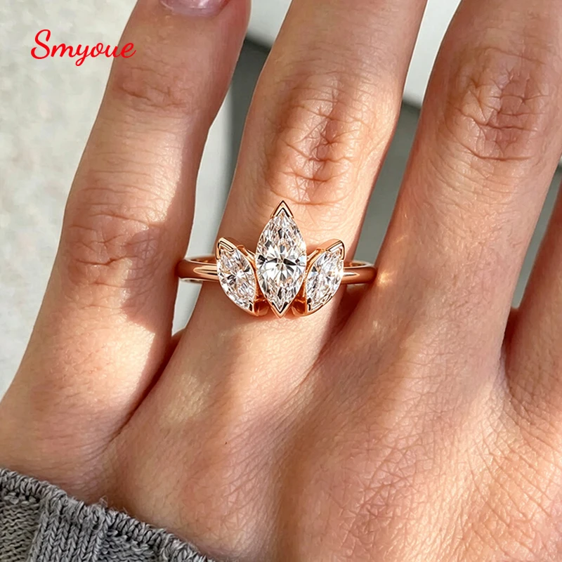 Smyoue 2CTTW Marquise Cut Moissanite 3 Leaves Rings for Women Lab Diamond Band 18k Rose Gold Plated 925 Sterling Silver Jewelry