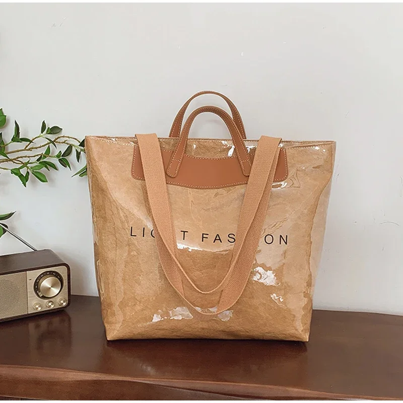 Klare Tragetasche aus PVC-Kraftpapier mit Farbkontrast, luxuriöse Vintage-Hobo-Umhängetasche, wasserdichte Shopper-Handtasche mit Buchstaben oben – Detail 20