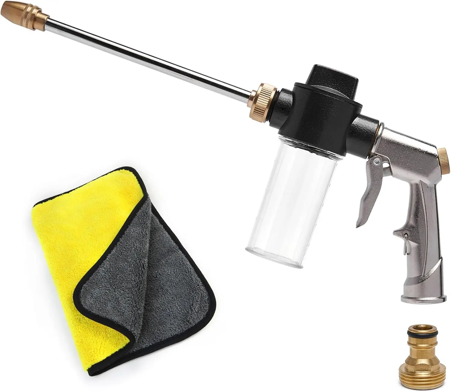 

Пистолет для мойки автомобилей с пенной насадкой и шлангом, в комплекте пластиковая бутылка для мыла объемом 100 мл/3,5 унции + полотенце. Подходит для мойки автомобилей и садоводства.