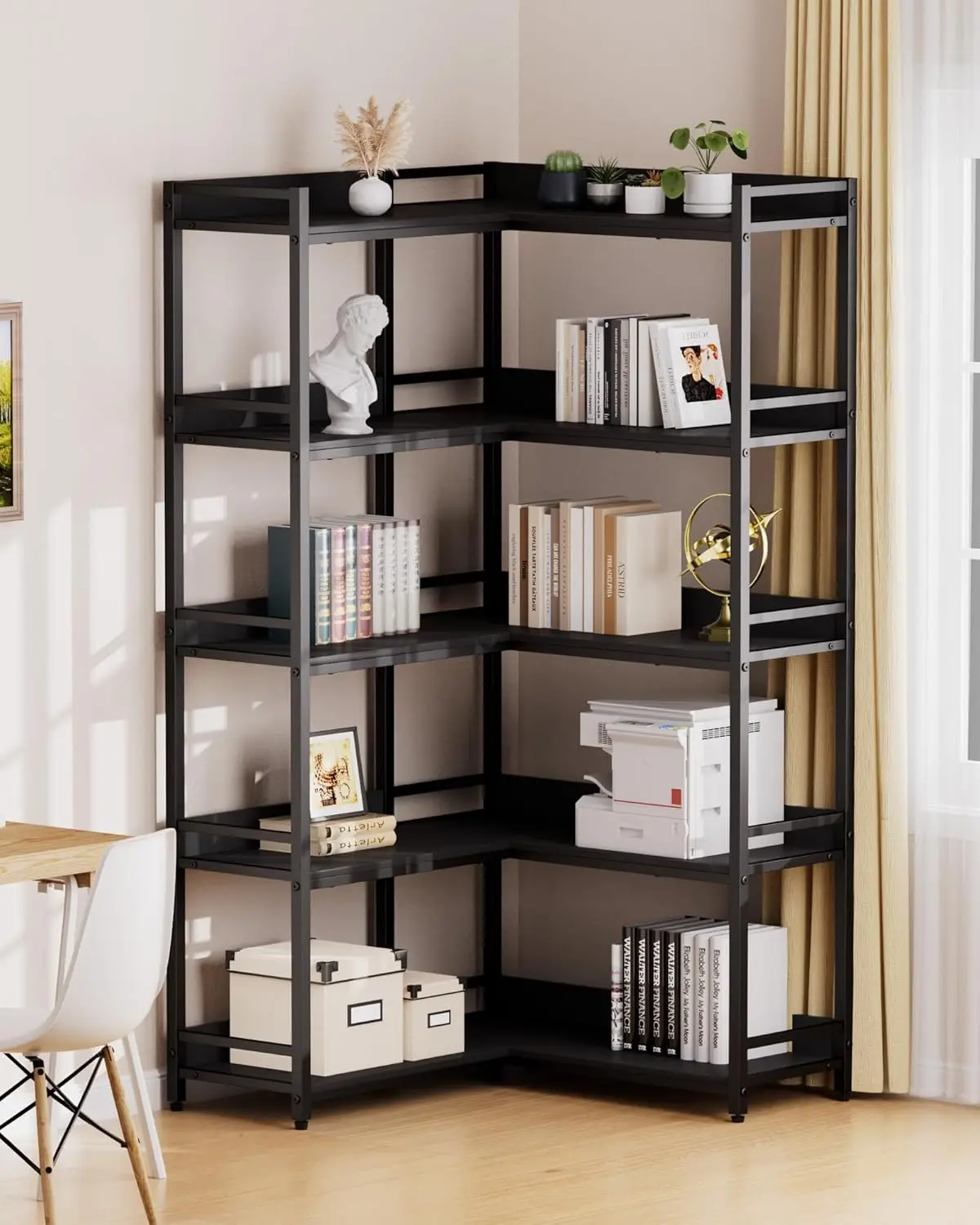 Large 5 level corner bookshelf - modern high corner bookshelf storage display rack, solid metal frame  perfect for living room