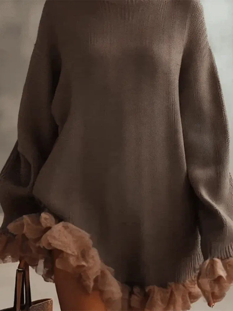 Dames coltrui jurk lente gegolfde splitsen lange mouwen casual elegante mini-jurken oversized effen gebreide jurk