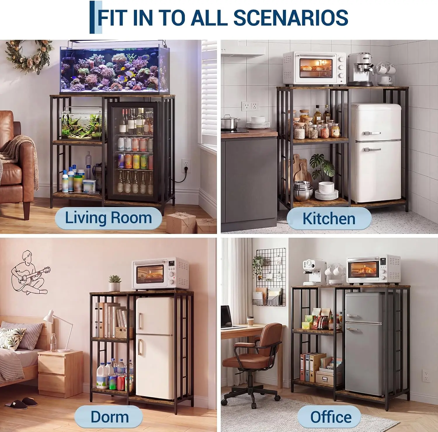 Garvee 40.5In Mini Fridge Stand with Storage 260LBS 4-Tier Freestand Coffee Bar Cabinet for Microwave, Kitchen Baker Rack/Shelf for Spice/Pot/Pan, Space-Saving Design for Dorm