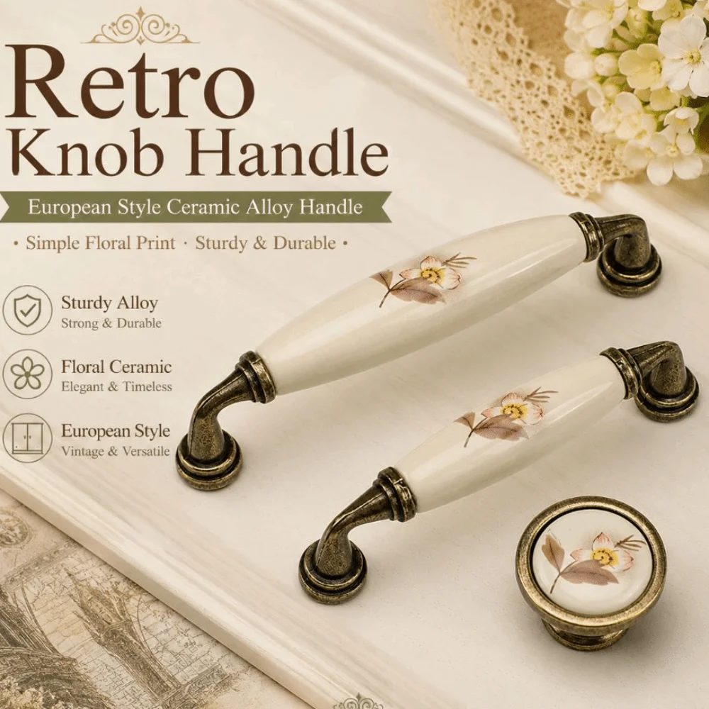 European Style Retro Knob Handle Ceramic Alloy Floral Print Furniture Cabinet Handles Sturdy Wardrobe Door Handle