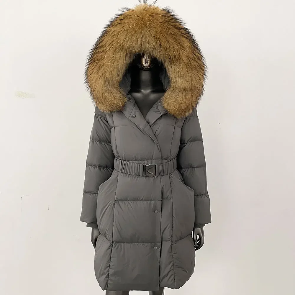 여성 후드 화이트 덕 다운 코트 롱 리얼 퍼 재킷 겨울 천연 폭스 퍼 칼라 재킷 2025 신상 오버사이즈 여성 아우터웨어