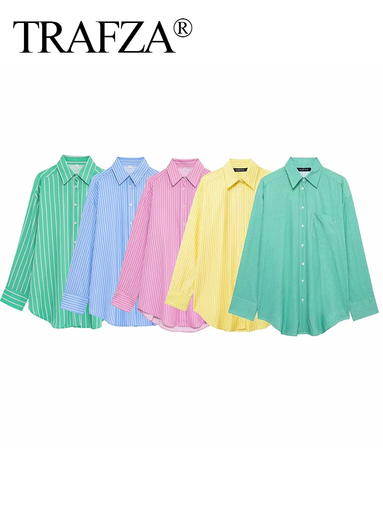 

TRAFZA 2025 Casual Women's Soild Striped Shirt Chic V-Neck Single Breasted Long Sleeve Oversized Office Blouse Female Streetwear