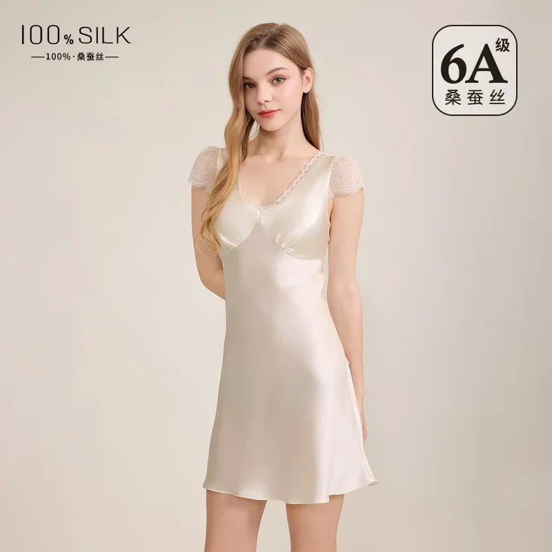 

100% Mulberry Silk Princess Nightgown Sleeping Dress Sweet Lace Ladies Chemise Night Shirts Short Sleeves Nightwear Pajama Dress