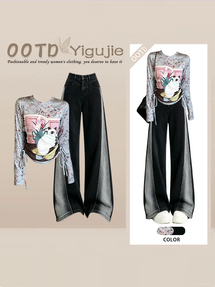 American Retro Chic  Pattern Long Sleeve Slim Fit Top with Gradient Jeans Two Piece Set Women's Fashion Autumn Outfit