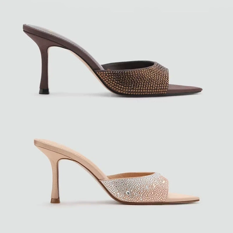 Elegant Pointed Toe Thin Heel High Heels Women's Outdoor Sexy Diamond Decorated Stiletto Sandals T-Strap Open Toe Shoes