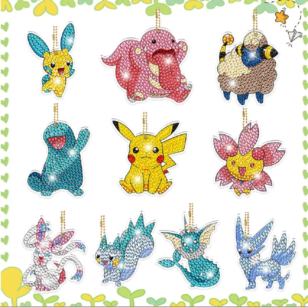 10Pcs Cartoon Pikachu 5D Stickup Drill Embroider Keychains Small Pendant DIY Dot Diamond Handmade Semi-finished products