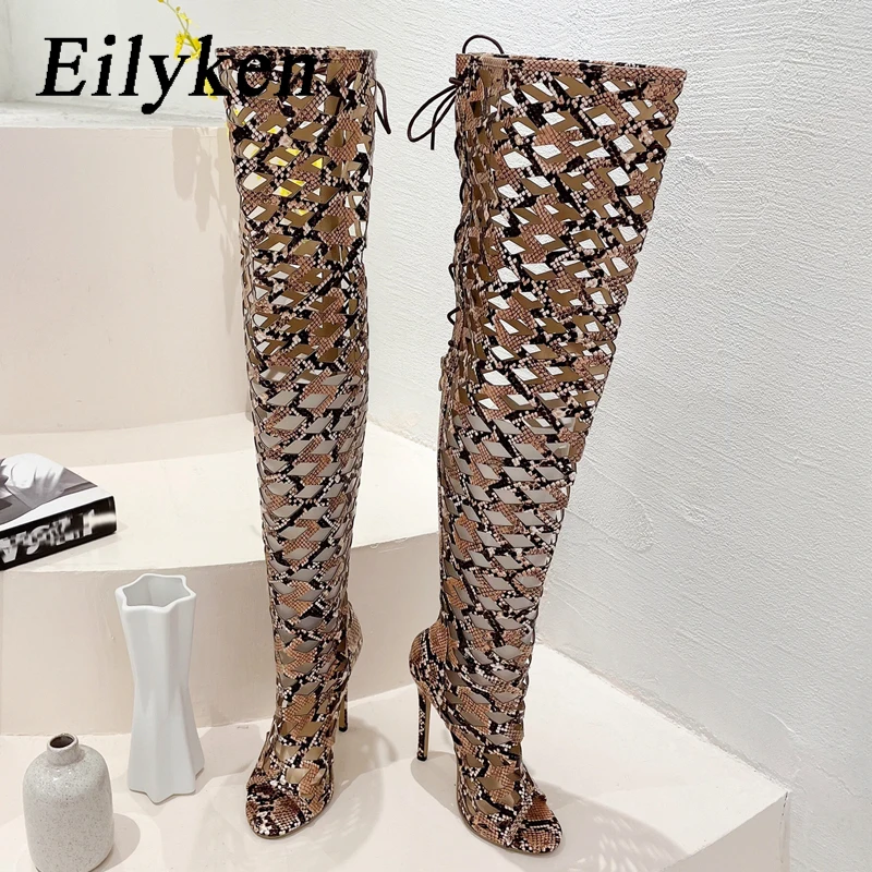 

EilyKen Serpentine Hollow Out Stiletto High Heels Over The Knee Boots Woman Sexy Peep Toe Lace-up Nightclub Party Shoes