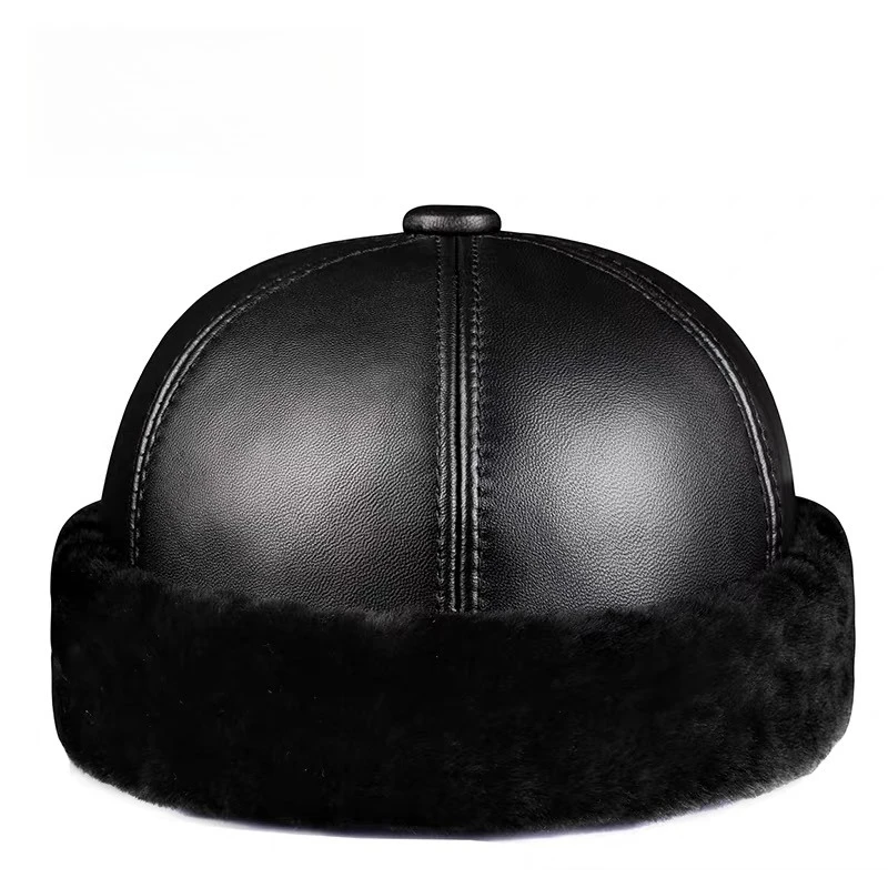 Winter 100% Fur Hat Male Women Genuine Leather Melon Caps Men Thicked Warm Round Boonie Hat Red/Yellow Real Fur One Suede Bonnet