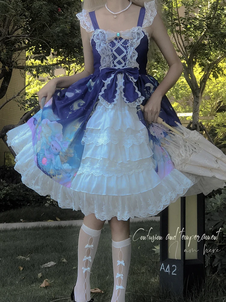 KIMOKOKM Lolita Style Princess Dresses Kawaii Square Collar Bow Lace Cascading Ruffle Sleeveless Sweety Cosplay Camisole Dress