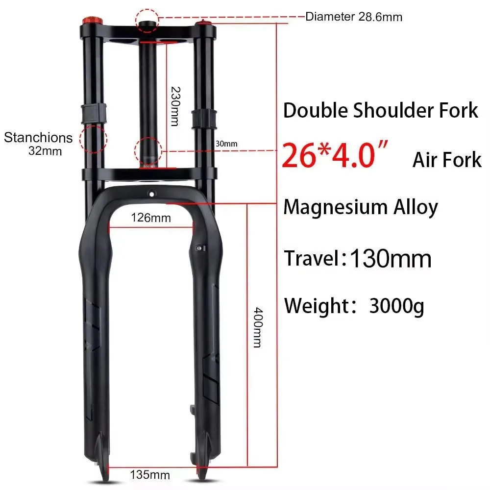 Bolany Dubbele Schouder Sneeuwvet Fiets Vork 26 "20" 4.0 "Air Mtb Fietsvering 32Mm Rechte Buis 135Mm Schok Magnesiumlegering