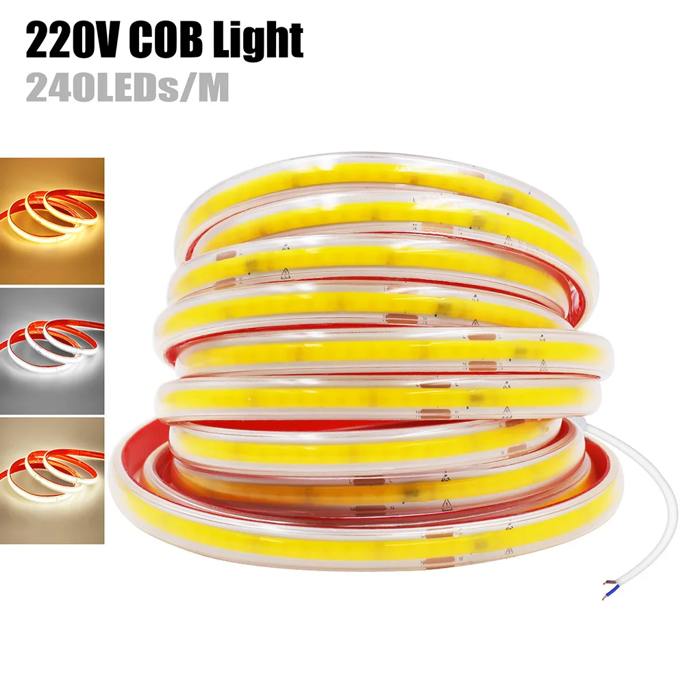 Bande lumineuse LED COB à intensité variable avec adhésif, lampe à ruban flexible, éclairage linéaire, décoration de la maison, 220V, 240 gible, RA90