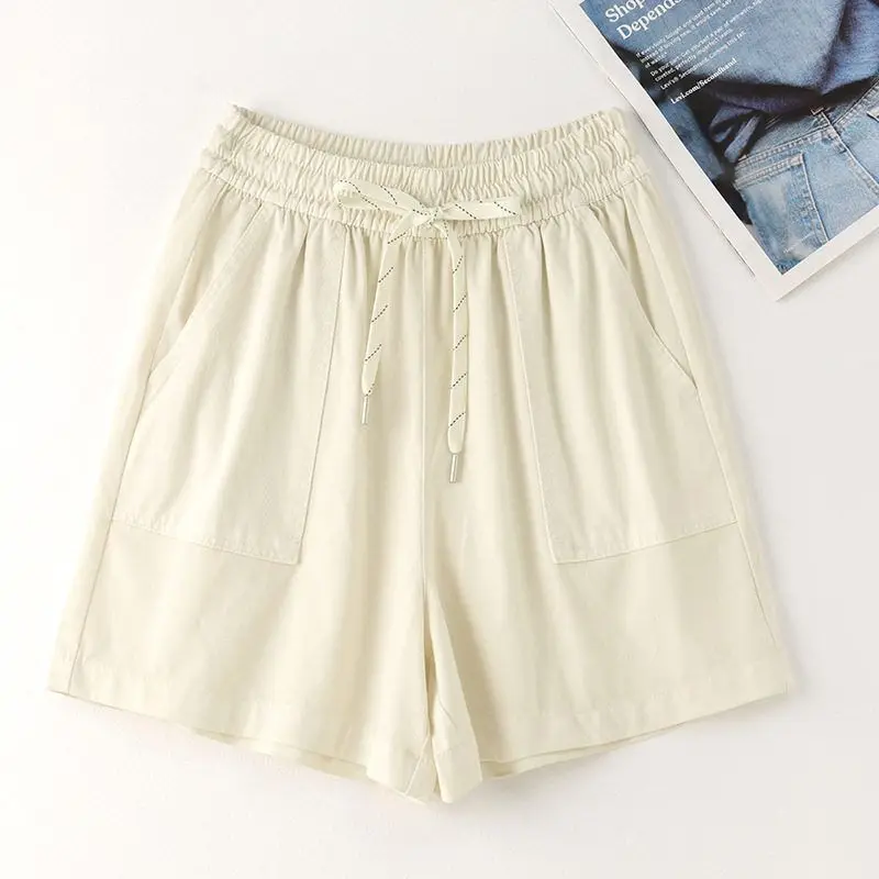 Vrouwen zomer dunne ijszijde denim shorts casual grote zakken trekkoord elastische taille korte jeans veelzijdige wijde pijpen hotpants