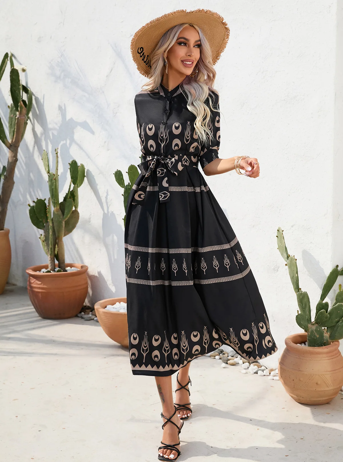 High Quality 2024 Women's Summer Ethnic Style Printed Five Quarter Sleeved Bohemian Dress Elegant Personalized Round Neck Dress