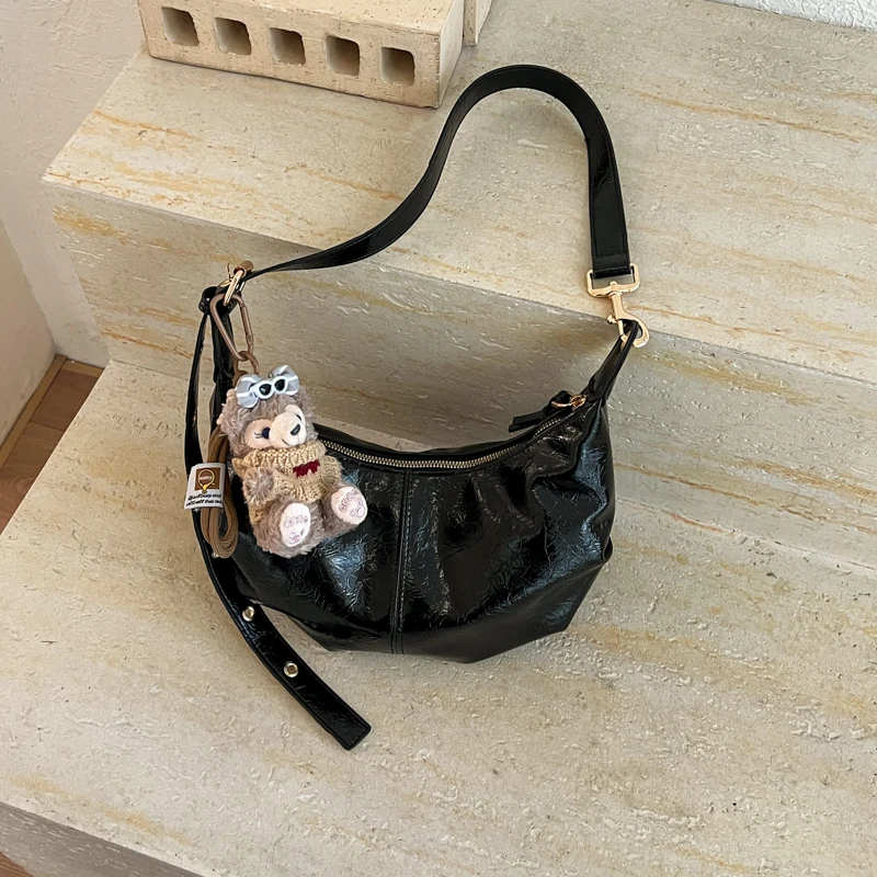 Women Soft Patent Leather Hobo Shoulder Bag Cute Bear Doll Pendant Adjustable Strap Crossbody Bag Casual Handbag For Girls