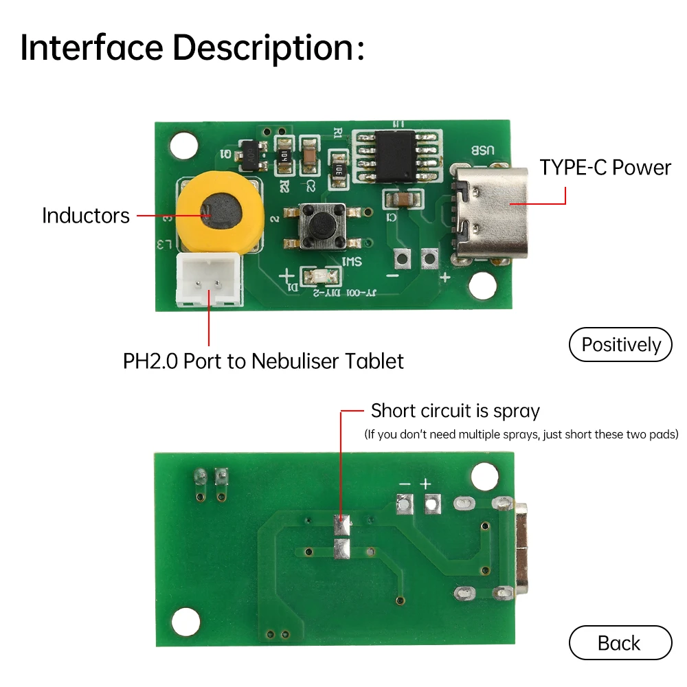 Módulo humidificador de pulverización única, volumen de niebla ajustable de 3 engranajes tipo C, tablero de Control de atomización ultrasónica, 108KHZ ± 2KHZ 1,5-2W