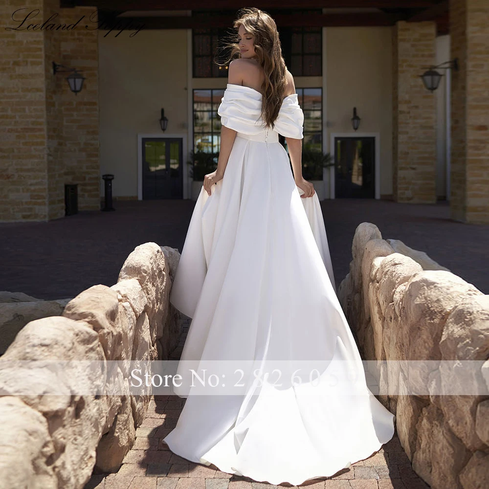 Lceland Poppy Customized A Line Satin Wedding Dresses Floor Length Off the Shoulder Pleated Bridal Gowns with High Slit