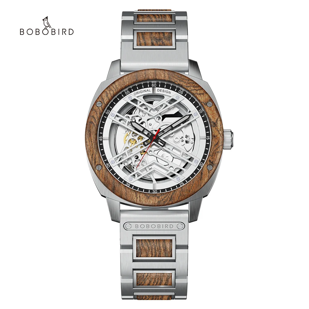 BOBO BIRD Luxury Men Watch Wooden 45mm Skeleton Automatic Mechanical Business Stainless Steel Wrist Watch X Series Customized