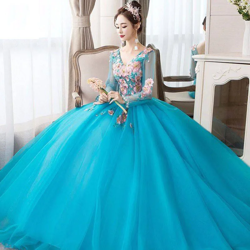 New Sweet Ball Gowns With Sleeves Sexy Illusion Deep V-neck Quinceanera Dresses Exquisite Flowers Tulle Prom Dress Customized