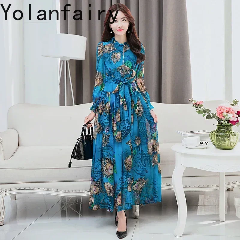 

Female High Waist Dress 100% Real Silk Women's Summer Dress 2024 Slim Long Dress Bohemian Style Women Dresses Vestido Zjt2040