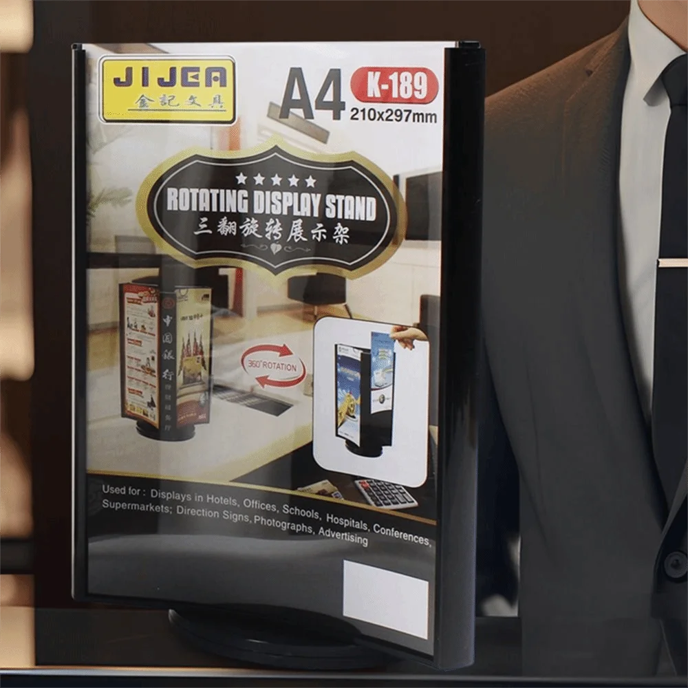 Three-Sided Acrylic Revolving Table Card A4/A5 Transparent Menu Display Stand Smooth Rotate Protective Vertical Price Tag Rack