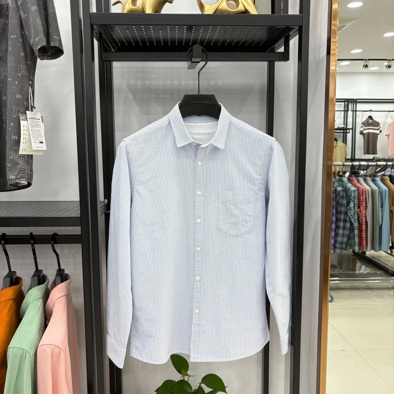 قميص رجالي من القطن 100% للخريف عالي الجودة وجيب مخطط وأكمام طويلة ملابس رجالية مناسبة للبشرة #5