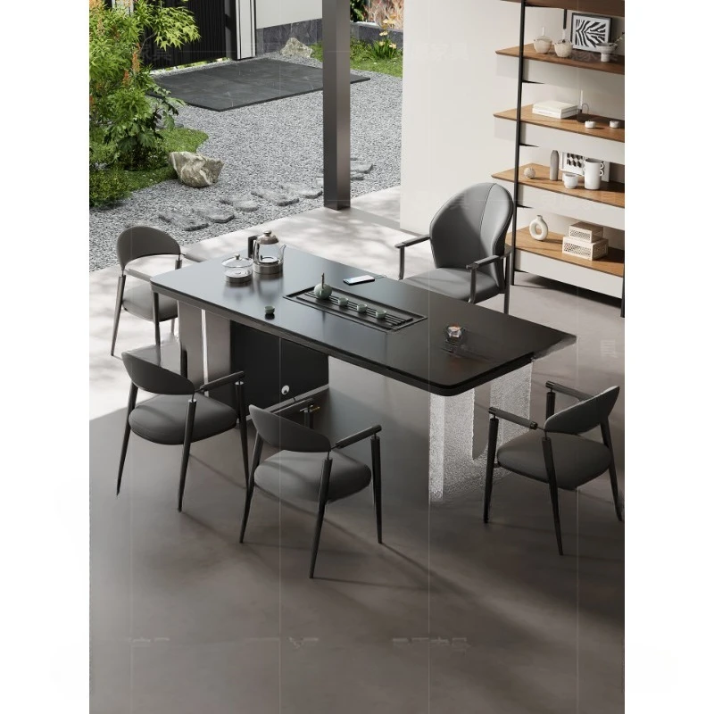 

High-end rock slab tea table and chair combination Italian light luxury modern high-end tea table office integration