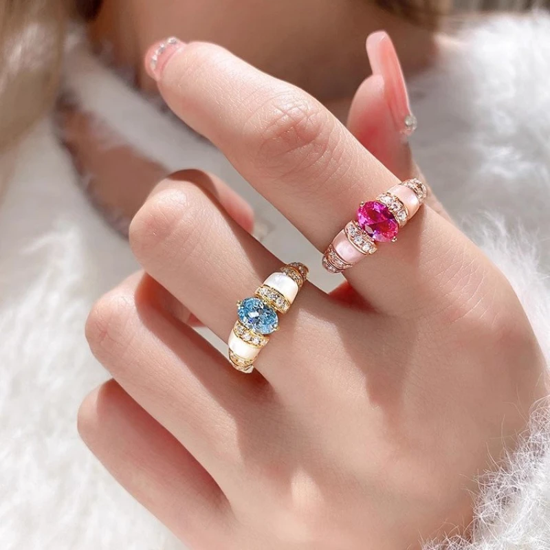

Luxury Shell-Gemstone Stackable Ring 18K Gold Plated Oval Cut Pink/Blue Zircon Ring Elegant Wedding Party Jewelry Gift