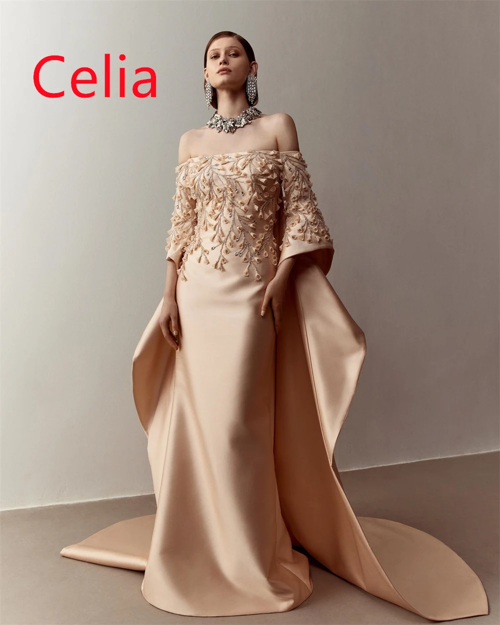 Customized  Classic Champagne Satin Evening Dress Exquisite Strapless Off the Shoulder Long Sleeves Crystal Homecoming
