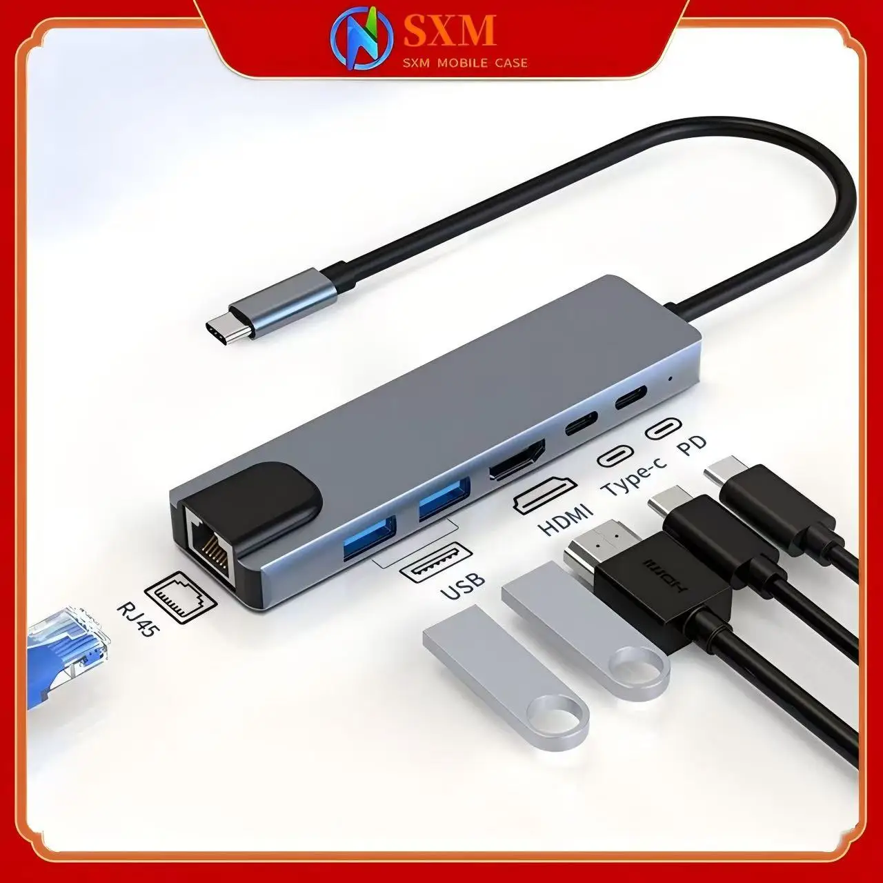 

type-c 6-in-1 PD charging 4K30HZ HD screen projection usb3.0hub limited network card RJ45 docking station