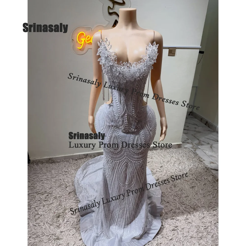 African Rhinestone Crystal Mermaid Evening Dresses Customized Black Girls Bead Prom Party Gown Exquisite Birthday Robe De Soiree