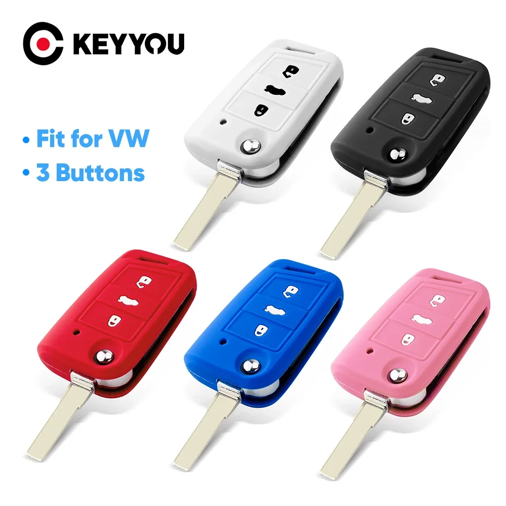 KEYYOU 3 Button Silicone Rubber Car Key Cover Case Bag For VW PASSAT Skoda Superb A7 KODIAQ 2015 2016 2017 2018 Remote Key Cover