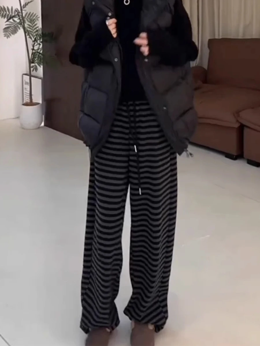 

Большие эластичные универсальные полосатые повседневные брюки в стиле ретро для женщин, весенние новые утягивающие широкие брюки с высокой талией
