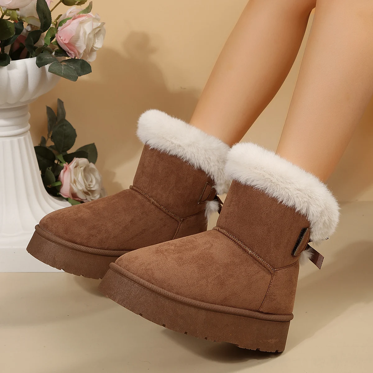 Bowknot Boston Boots Snow Boots Winter New Cashmere Warm Thick Soles Cotton Shoes for Women Women Boston Boots Shoes