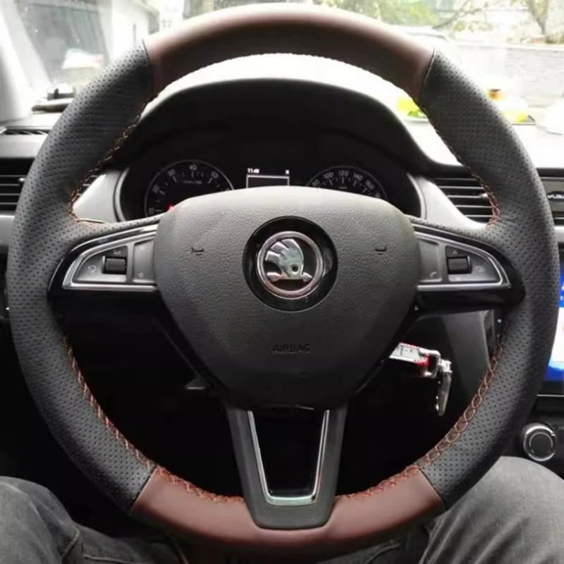 

hand stitched Black offee Genuine Leather Car Steering Wheel Cover For Skoda Octavia 2017 Fabia 2016 2017 Rapid Spaceback 2016