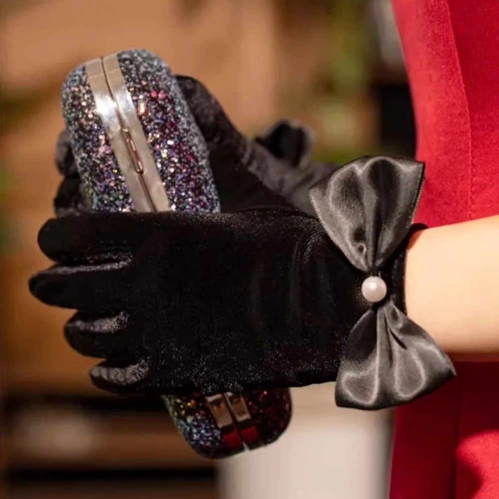 Novo vintage casamento luvas de noiva hepburn veludo vestido de noiva luvas bowknot vestido de festa fotográfico prop senhora