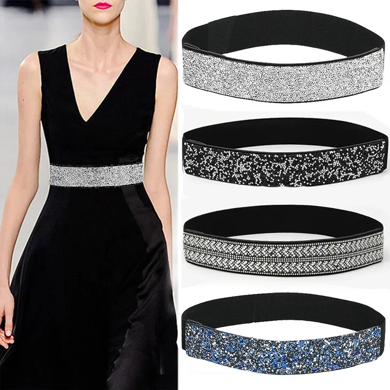 

Shining RhineStone Sequin Corst Elastic Belt For Women Inlaid Imitation Diamond Elastic Belts Flash Colour Ladies Fashion Dress